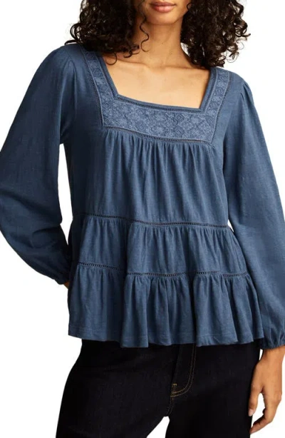 Lucky Brand Embroidered Ruffle Cotton Peasant Top In Mood Indigo