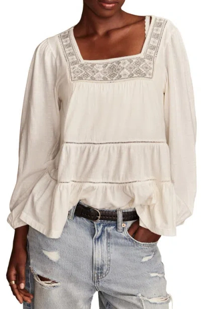 Lucky Brand Embroidered Ruffle Cotton Peasant Top In Whisper White