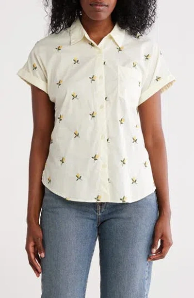Lucky Brand Embroidered Short Sleeve Cotton Button-up Top