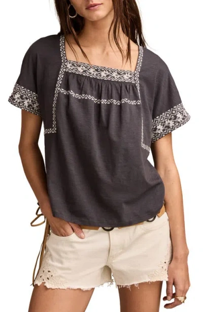 Lucky Brand Embroidered Short Sleeve Cotton Peasant Top In Gray