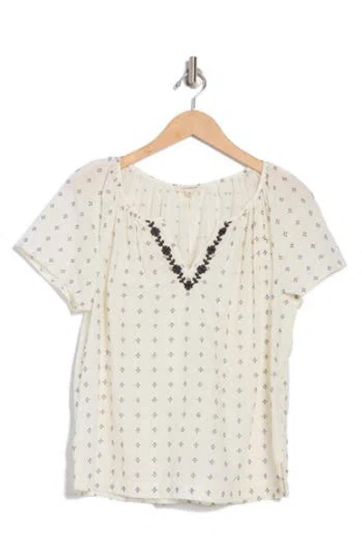 Lucky Brand Embroidered Split Neck Top