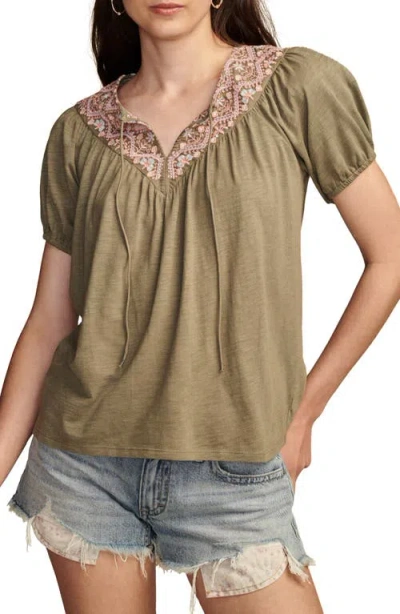 Lucky Brand Embroidered Split Neck Top In Dusty Olive