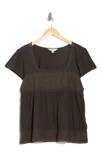 Lucky Brand Embroidered Square Neck Cotton & Modal Top In Raven