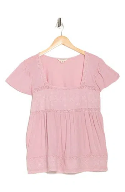 Lucky Brand Embroidered Square Neck Cotton & Modal Top In Silver Pink