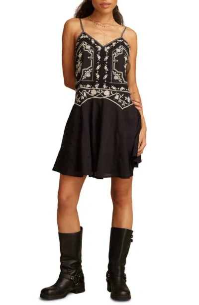 Lucky Brand Embroidered Strappy Mini Sundress In Black