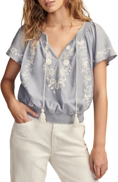 Lucky Brand Women's Embroidered Flutter-sleeve Top In Brunnera Blue