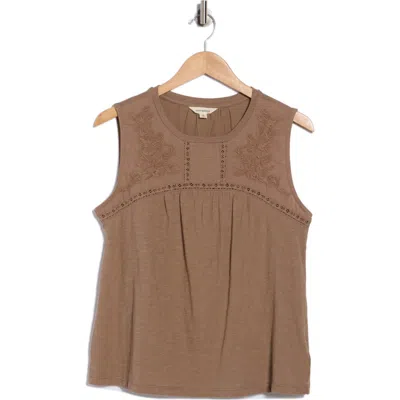 Lucky Brand Embroidered Yoke Cotton Tank In Brown