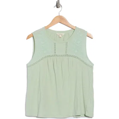 Lucky Brand Embroidered Yoke Cotton Tank In Green