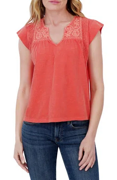 Lucky Brand Embroidered Yoke Cotton Top In Deep Sea Coral