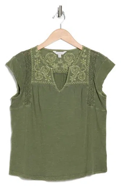 Lucky Brand Embroidered Yoke Cotton Top In Olivine