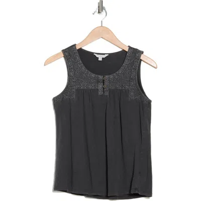 Lucky Brand Embroidered Yoke Tank In Raven