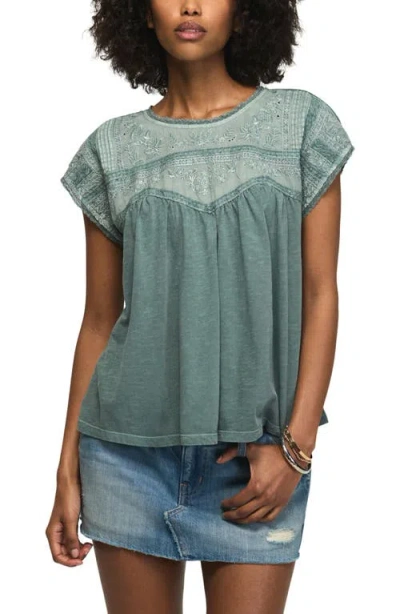 Lucky Brand Embroidered Yoke Top In Blue