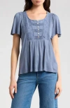 Lucky Brand Eyelet Lace Yoke Rib Top In Blue