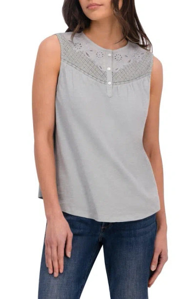 Lucky Brand Eyelet Yoke Half Placket Sleeveless Cotton Top In Mint Mirage