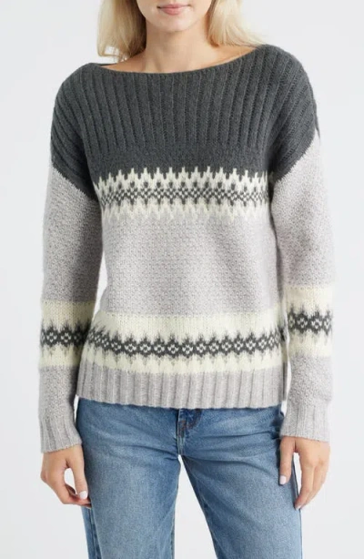 Lucky Brand Fair Isle Boat Neck Sweater In Gray