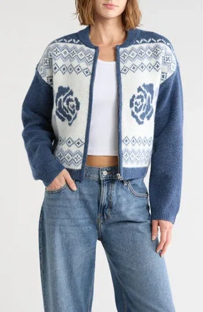 Lucky Brand Fair Isle Bomber Cardigan In Blue