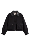 Lucky Brand Faux Leather Collar Crop Bomber Jacket In Black