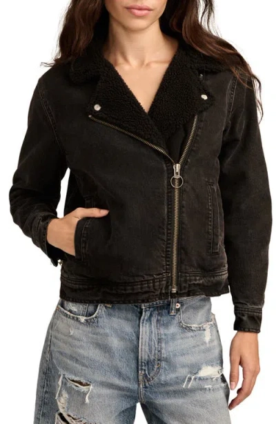 Lucky Brand Faux Shearling Lined Denim Moto Jacket In Scratched Record Wash