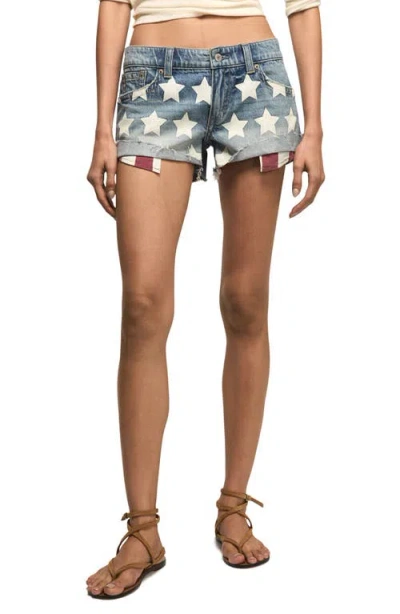 Lucky Brand Festival Star Print Denim Cutoff Shorts In Blue