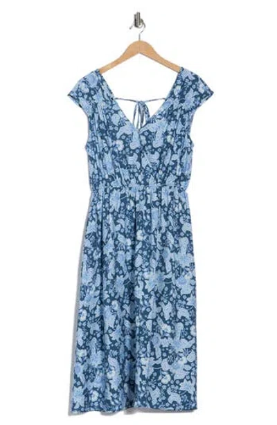 Lucky Brand Floral Cap Sleeve Midi Dress In Blue