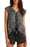 Lucky Brand Floral Cap Sleeve Split Neck Top In Gray