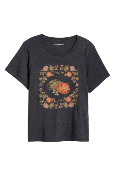 Lucky Brand Floral Emboidered Graphic T-shirt In Charcoal Heather Grey