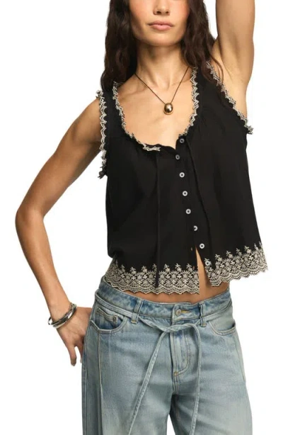 Lucky Brand Floral Embroidered Cotton Swing Tank In Black