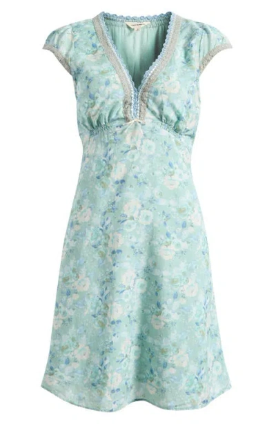 Lucky Brand Floral Embroidered Detail Cotton Blend Dress In Blue