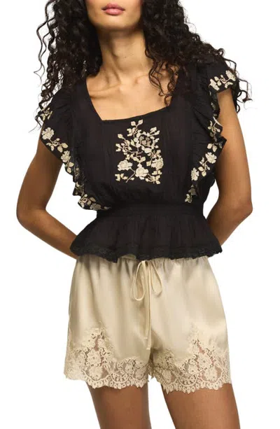 Lucky Brand Floral Embroidered Gauze Top In Black