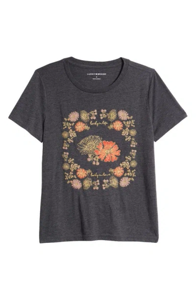 Lucky Brand Floral Embroidered Graphic T-shirt In Charcoal Heather Grey