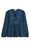 Lucky Brand Floral Embroidered Peplum Top In Blue