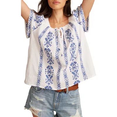 Lucky Brand Floral Embroidered Short Sleeve Cotton Peasant Top In White