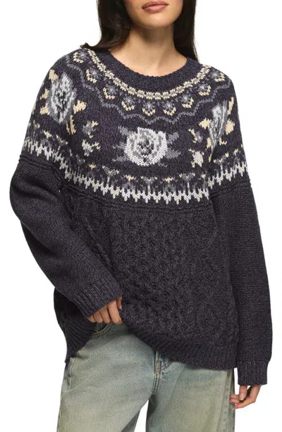 Lucky Brand Floral Fair Isle Crew Sweater In Blue