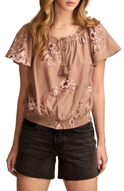 Lucky Brand Floral Flutter Sleeve Cotton Blend Top In Taupe Floral