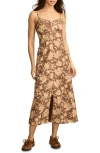 Lucky Brand Floral Lace Trim Button Front Midi Dress In Brown Floral