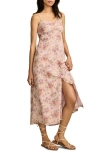 Lucky Brand Floral Lace Trim Button Front Midi Dress In Pink Floral