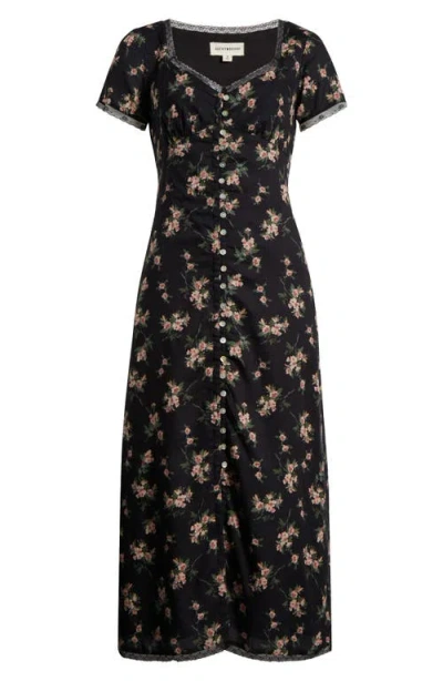 Lucky Brand Floral Lace Trim Button-up Dress In Black Floral