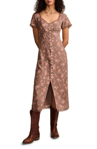 Lucky Brand Floral Lace Trim Button-up Dress In Taupe Floral