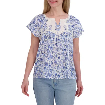 Lucky Brand Floral Lace Trim Cotton Babydoll Top In Blue Multi