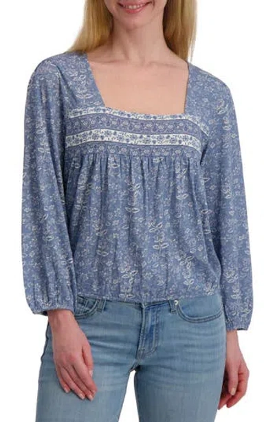 Lucky Brand Floral Long Sleever Bubble Hem Cotton Top In Blue