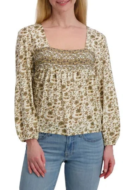Lucky Brand Floral Long Sleever Bubble Hem Cotton Top In Neutral