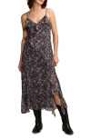 Lucky Brand Floral Metallic Stripe Ruffle Midi Dress In Raven Mult