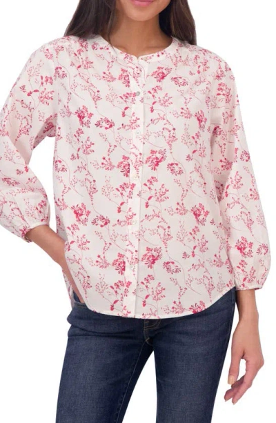 Lucky Brand Floral Print Band Collar Button-up Cotton Shirt In Red Multi