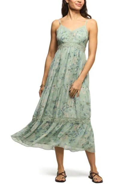 Lucky Brand Floral Print Lace Trim Midi Dress In Green