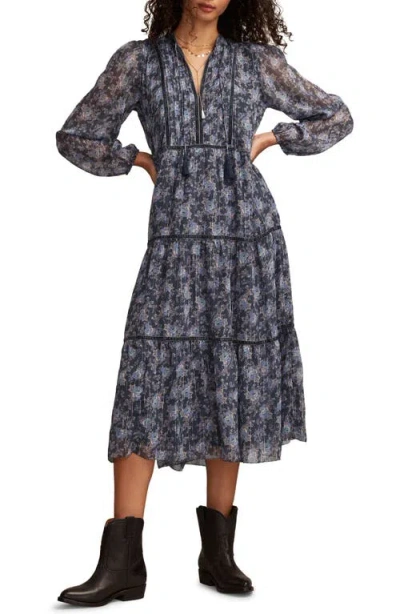 Lucky Brand Floral Print Long Sleeve Maxi Dress In Blue