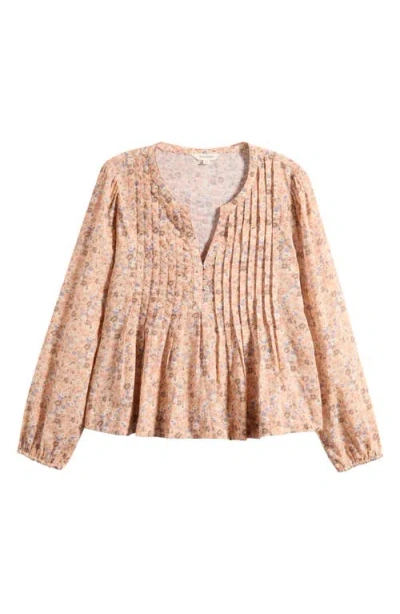 Lucky Brand Floral Print Pintuck Cotton Top In Orange