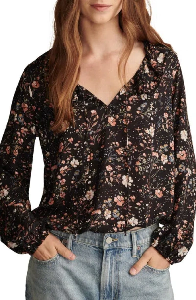 Lucky Brand Floral Print Ruffle Tie Neck Top In Black Floral