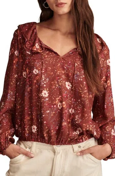 LUCKY BRAND LUCKY BRAND FLORAL PRINT RUFFLE TIE NECK TOP