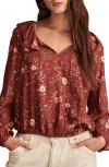 Lucky Brand Floral Print Ruffle Tie Neck Top In Cinnamon Multi Floral