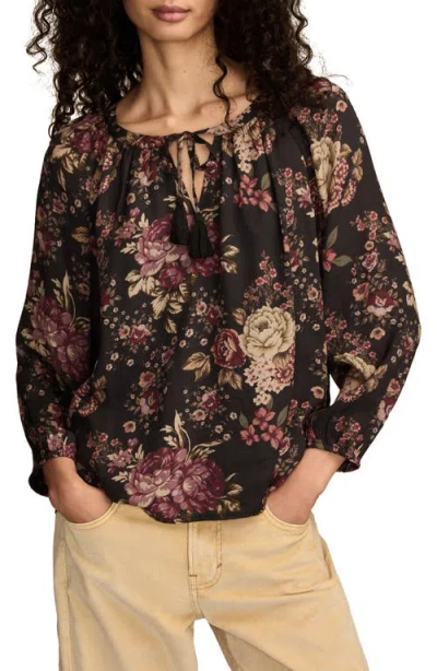 LUCKY BRAND LUCKY BRAND FLORAL PRINT TIE NECK TOP